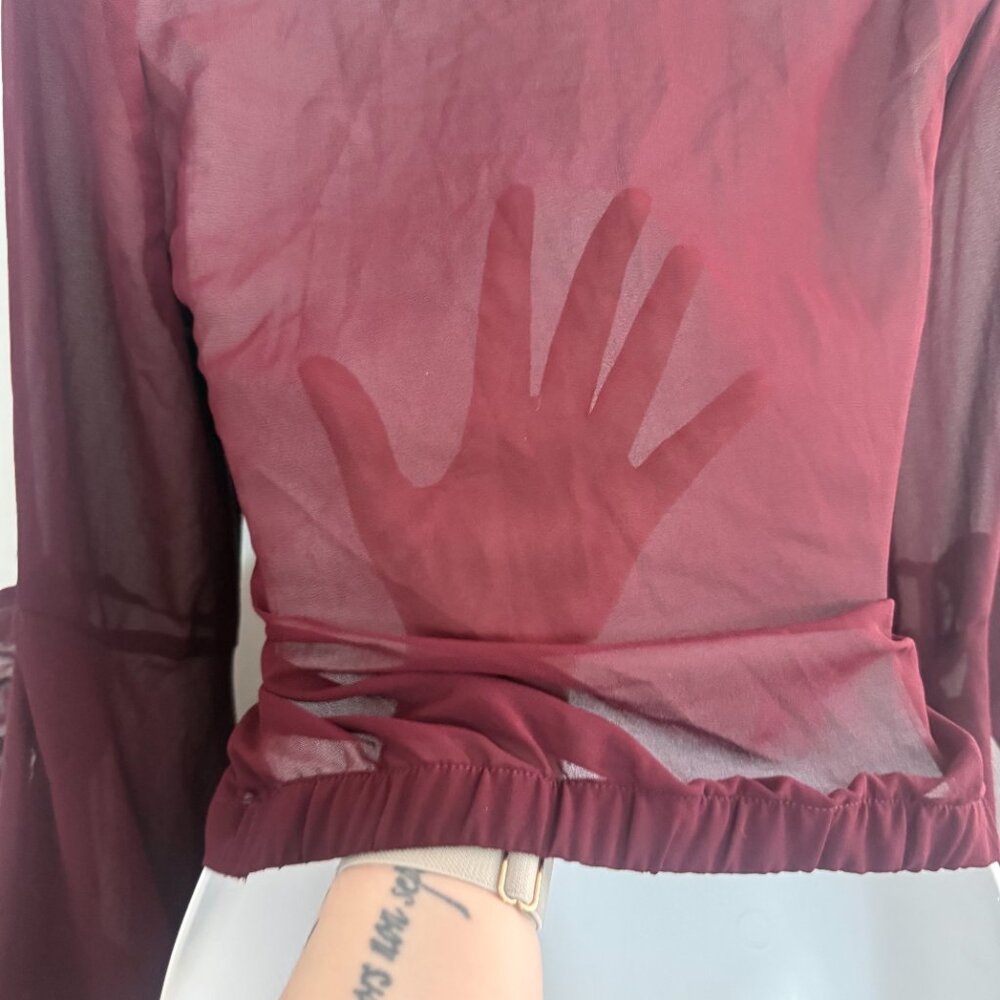 Fashion Nova Burgundy Sheer Twist-Front Blouse | Long Sleeve | Size S - Picture 9 of 12